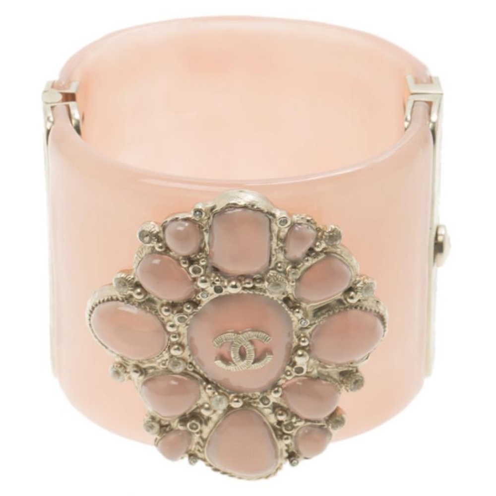 Chanel CC Peach Resin Gold Tone Wide Cuff Bracelet 17cm